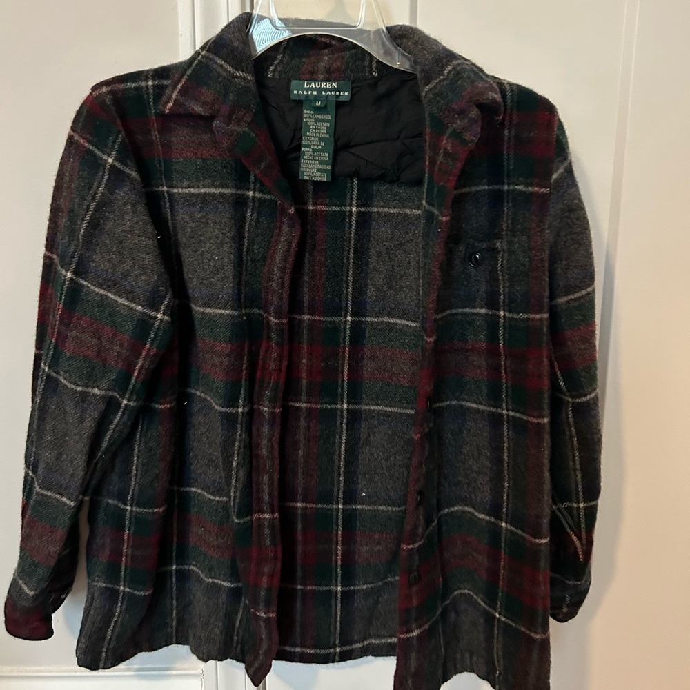 Ralph Lauren Plaid Wool Coat in Dark Gray, Green & Burgundy